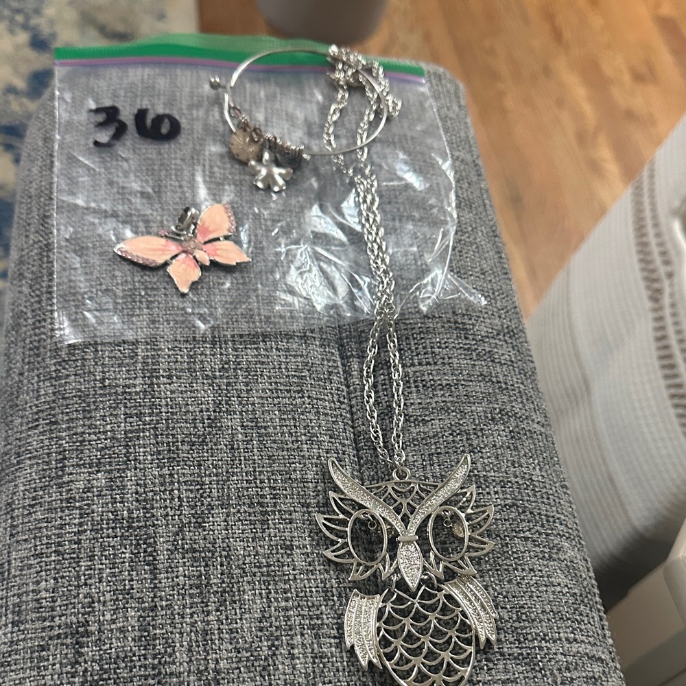Silver Owl Necklace with Bracelet and charm. Bag #36. Bundle for better price
